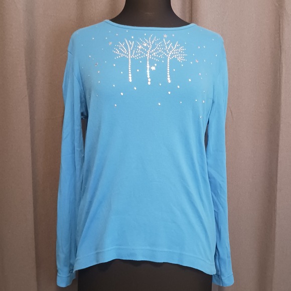 Sunburst Morning Sun Top Large Blue Long Sleeve Rhinestone bling Trees - Picture 1 of 5